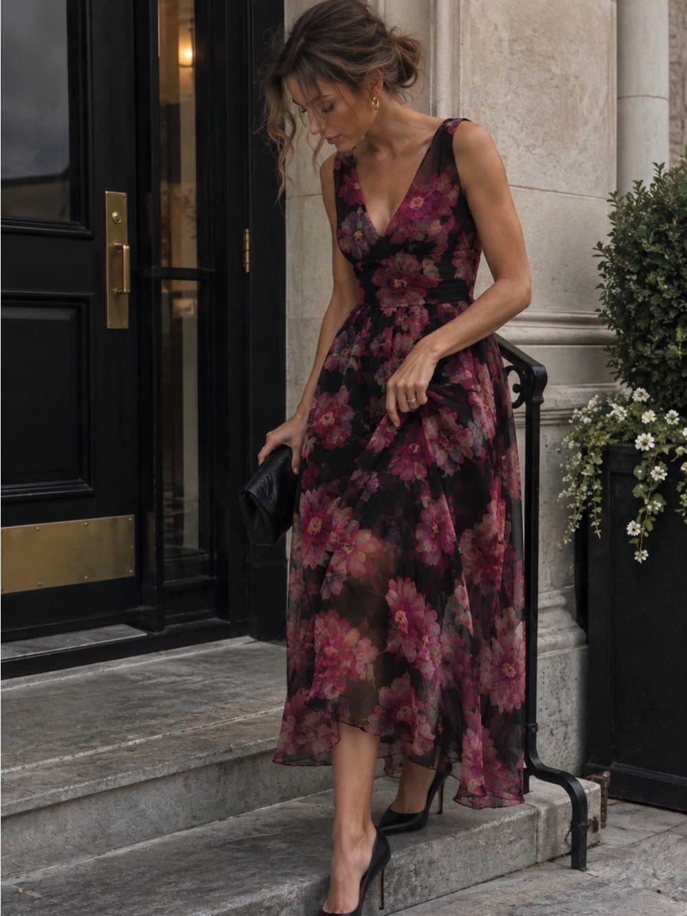 ML Monique Lhullier Floral Print Midi Evening Gown Dress
